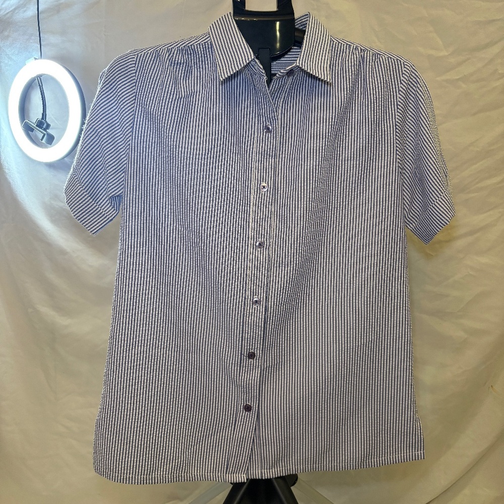 Vtg Boca Bay Seersucker Striped Button Down Shirt Womens Small Blue Short Sleeve